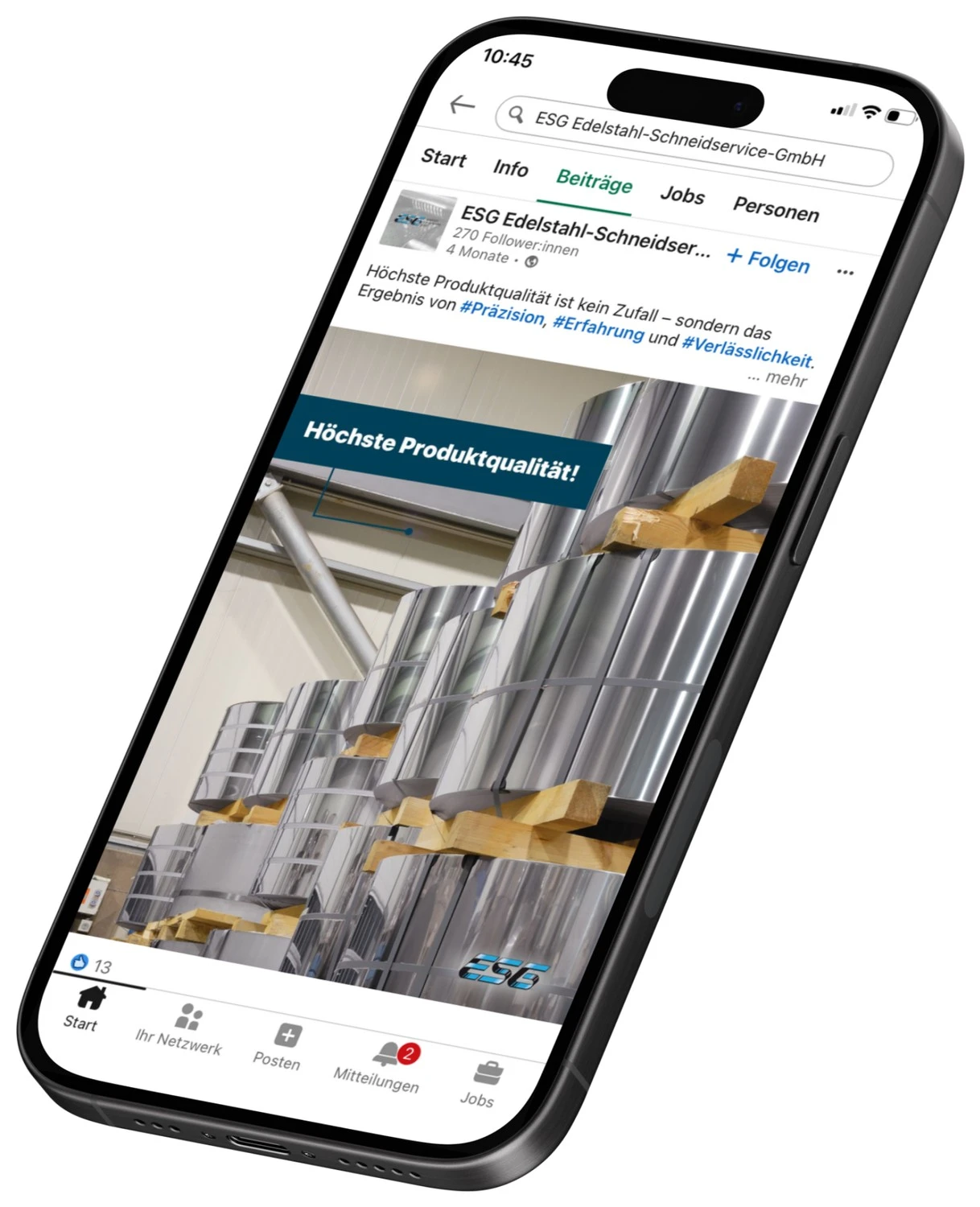 ESG Edelstahl: Beitrag 1 im fertigen Social-Media-Design