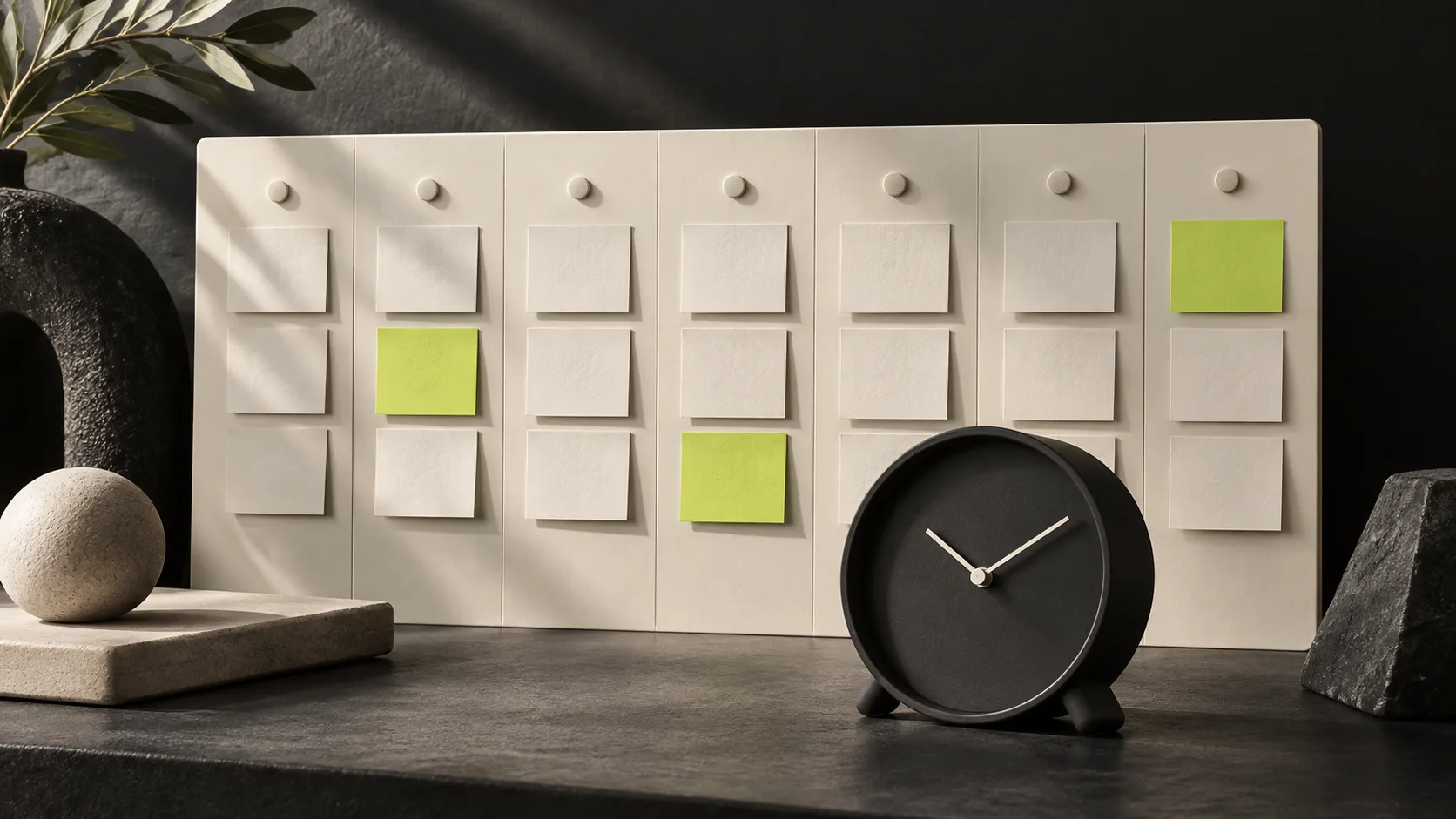 Illustration: Redaktionsplan mit markierten Beiträgen und einer Uhr.